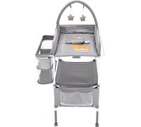 SucceBuy Table à langer pliable avec tiroirs en tissu, panier latéral et tringle à vêtements, réglable en hauteur, portable avec roues verrouillables et jouets en forme d'étoile, gris clair
