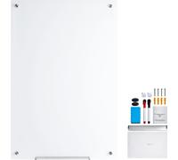 SucceBuy Tableau blanc magnétique en verre 48 "x32", tableau sans cadre effaçable à sec, montage mural, avec plumier, gomme et 2 stylos, blanc