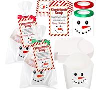 Suclain Lot de 24 kits de soupe de bonhomme de neige de Noël pour salle de ollègue, sacs en papier pour chocolat chaud, cacao, guimauve, soupe, étiquettes, sacs de Noël transparents