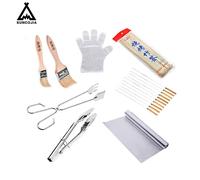 SUCOJIA Ensemble d’ustensiles de barbecue avec gants jetables, pinceau à huile en bois, pinces à viande et à aliments, set de brochettes de barbecue et papier aluminium