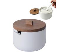 Sucrier en Céramique avec Cuillère, Boîte à Sucre 10.5x9 cm, Blanc | Couvercle bois d'acacia, pot pour morceaux ou poudre, aussi sel, épices ou fromage râpé, design nordique