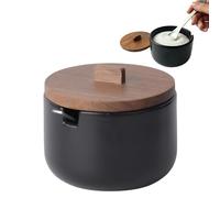 Sucrier en Céramique avec Cuillère, Boîte à Sucre 10.5x9 cm, Noir Mat | Couvercle bois d'acacia, pot pour morceaux ou poudre, aussi sel, épices ou fromage râpé, design nordique
