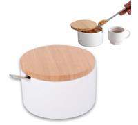 Sucrier en Céramique avec Cuillère Inox, Boîte à Sucre Bambou, Blanc | Forme ronde, pot pour morceaux ou poudre, couvercle en bois, rangement pour la maison et la cuisine