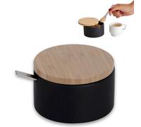 Sucrier en Céramique avec Cuillère Inox, Boîte à Sucre Bambou, Noir Mat | Forme ronde, pot pour morceaux ou poudre, couvercle en bois, rangement pour la maison et la cuisine