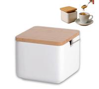Sucrier en Céramique avec Cuillère Inox, Boîte à Sucre Cube, Blanc | Forme carrée, pot pour morceaux ou poudre, couvercle bambou, rangement pour la maison et la cuisine