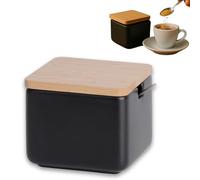 Sucrier en Céramique avec Cuillère Inox, Boîte à Sucre Cube, Noir Mat | Forme carrée, pot pour morceaux ou poudre, couvercle bambou, rangement pour la maison et la cuisine
