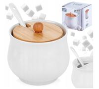 Sucrier en céramique - VILDE - 250 ml - Couvercle en bambou - 9x9 cm - Blanc - Cuillère incluse - Design minimaliste