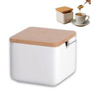 Sucrier KOOK TIME - Boite à Sucre Cube Céramique et Bambou avec Cuillère - 10 x 10 x 6,5 cm - Blanc