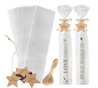 Sugeru® Lot de 100 sacs en cellophane OPP 32 x 10 cm avec 100 étiquettes cadeaux en papier kraft et 1 cordon de jute transparent, sachets de bougies pour Noël, anniversaire, fête, Saint-Valentin,