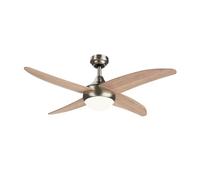 Sulion Ventilateur de plafond ACHILIA Nickel avec pales en bois clair | Lumière LED réglable avec diffuseur en verre opale | 2 douilles E27 | Moteur DC silencieux | Fonction été/hiver | Minuteur