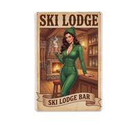 Sultry Pin Up Lady Ski Lodge Bar Plaque en métal | Décoration murale ronde en métal pour café, club, jardin, 20,3 x 30,5 cm