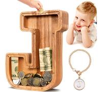 Summidate Tirelire Lettre en Bois A-Z - Tirelire Enfant Transparente en Bois Naturel, Cadeau Éducatif avec Autocollants Alphabet, Décoration de Chambre Garçon et Fille