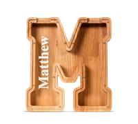 Summidate Tirelire Transparente sur Mesure, Tirelire Personnalisée avec Prénom Gravé au Laser - Lettre en Bois Naturel A-Z, Cadeau Unique et Original pour Baptême et Enfant