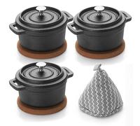 SUMNACON Lot de 3 mini cocottes en fonte avec couvercle et poignée 237 ml | Mini cocotte de cuisine Rôtissoire à ail Petit faitout rond avec tapis en liège pour fête de famille pique-nique