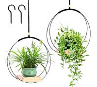 Sumotia Lot de 2 pots de fleurs suspendus avec base en bois, anneau en métal et boucle de suspension, pots de fleurs ronds suspendus pour l'intérieur, pots de fleurs suspendus noirs pour murs et