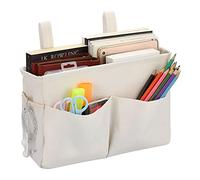SUMTree Organisateur de chevet suspendu 5 poches en tissu oxford, Blanc | Sac de Rangement de chevet étanche, Ruban autocollant magique, panier de lit pour magazine, téléphone, stylos, télécommande