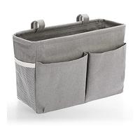 SUMTree Organisateur de chevet suspendu 5 poches en tissu oxford, Gris | Sac de Rangement de chevet étanche, Ruban autocollant magique, panier de lit pour magazine, téléphone, stylos, télécommande
