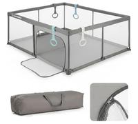 SUN BABY Parc Enfant 150×200 cm avec Poignées Vertes - Gris | Parois en filet, entrée zippée, pieds antidérapants