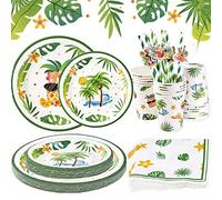 SUNBEAUTY Décoration de Fête d'anniversaire Hawaï Fourniture de Fête Tropical Set de Vaisselle Jetable Thème Hawaïen Assiette, Serviette, Paille en Papier Servir 16 pour Été Plage