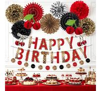 SUNBEAUTY Lot de 13 bannières d'anniversaire à motif léopard rouge et noir avec nœud cerise, guirlande décorative en papier, éventail, guirlande de fleurs pour mariage, anniversaire, décoration de
