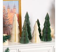 SUNBEAUTY Lot de 6 décorations de Noël en papier vert mat 3D - Sapin de Noël en papier nid d'abeille avec boule en métal - Décoration d'arbre de Noël pour table à manger, armoire, rebord de fenêtre