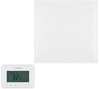 Sundirect PE350 Plus, panneau chauffant infrarouge de 60x60 cm, 350 watts, avec thermostat mural Smart1.0 alimenté par batterie. Peut être installé au mur ou au plafond