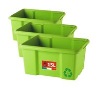 Sundis Bac de rangement 15L en plastique recyclé vert, L.38xl.29x H19,5cm, empilable et superposable, multiusage, idéal pour l’atelier, le bricolage ou le transport (Lot de 3)