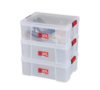 Sundis Clip’N Store, boîte de rangement plastique avec couvercle 27L, x3 | Robuste, transparente, apte au contact alimentaire, parois droites, clips de fermeture, superposable et combinable