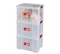 SUNDIS Clip’N Store, boîte de rangement plastique avec couvercle 45L, x3 | Robuste, transparente, apte au contact alimentaire, parois droites, clips de fermeture, superposable et combinable