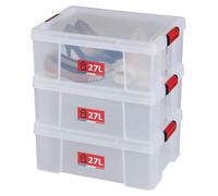 SUNDIS Clip'N Store, ensemble de 3 boîtes de rangement de 27 litres avec couvercle à clipser, transparentes