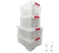 Sundis lot de 2 Glass Store et 2 Champ Store, boîtes de rangement pour verres à pied, en plastique transparent, renforcées avec couvercle clipsable, superposables et combinables