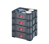 SUNDIS Master Box, lot de 4 bacs de rangement 9L en plastique recyclé, robustes et renforcés, parois droites, superposables et combinables, idéals pour l’atelier, le bricolage ou le transport