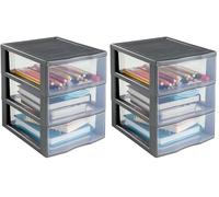 SUNDIS Orgamix, petite tour de rangement en plastique gris, 3 tiroirs transparents format A5, hauteur 25,5 cm, superposable, idéale rangement cosmétiques, bijoux, accessoires, fournitures (Lot de 2)