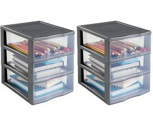 SUNDIS Orgamix, petite tour de rangement en plastique gris, 3 tiroirs transparents format A5, hauteur 25,5 cm, superposable, idéale rangement cosmétiques, bijoux, accessoires, fournitures (Lot de 2)