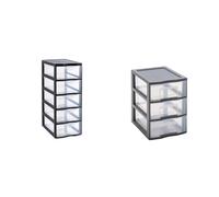 SUNDIS Orgamix, tour de rangement en plastique noir, 5 tiroirs transparents format papier A4 & Tag Tower, petite tour de rangement en plastique gris, 3 tiroirs transparents format A5