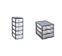 SUNDIS Orgamix, tour de rangement en plastique noir, 5 tiroirs transparents format papier A4 & Tag Tower, petite tour de rangement en plastique gris, 3 tiroirs transparents format A4