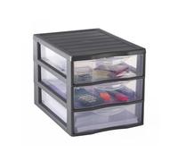 SUNDIS Orgamix, petite tour de rangement en plastique gris, 3 tiroirs transparents format papier A4, hauteur 25,5 cm, superposable, idéale rangement bureau, cours, documents, fournitures