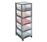 SUNDIS Tag Tower XL, tour de rangement plastique, 5 grands tiroirs, roues, Gris