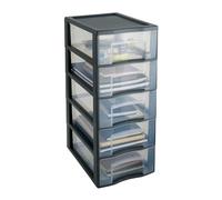 SUNDIS Tag Tower, tour de rangement en plastique gris, 5 tiroirs transparents format papier A4, hauteur 61 cm, idéale rangement bureau, cours, documents, fournitures, accessoires