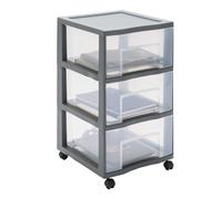 SUNDIS Tag Tower XL, tour de rangement en plastique gris, avec roulettes, 3 grands tiroirs transparents, hauteur 64,5 cm, idéale rangement bureau, cours, documents, fournitures, accessoires