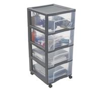 SUNDIS Tag Tower XL, tour de rangement plastique, 4 grands tiroirs, roues | Hauteur 83,5 cm, idéale rangement bureau, cours, documents, fournitures, accessoires