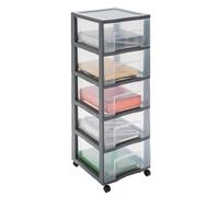 SUNDIS Tag Tower XL, tour de rangement plastique, 5 grands tiroirs, roues, Gris