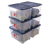 SUNDIS Wave Box, boîte de rangement plastique avec couvercle 45L, lot de 6, Transparent/Bleu