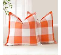 Sungeek Housse de coussin à carreaux de bison 40 x 40 Lot de 2 en lin Tartan de Noël décoratif Taies d'oreiller carrées avec bord cousu pour canapé, sofa, lit, salon 40,6 x 40,6 cm (Orange et Blanc)