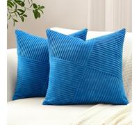Sungeek Lot de 2 Housse de Coussin 40x40 cm en Velours Côtelé, Housse Coussins Patchwork à Rayures Pinwheel Doux Taies d'oreiller Décoratives pour Lit Canapé Chambre Salon, Bleu