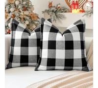 Sungeek Lot de 2 housses de coussin de Noël à carreaux tartan 40 x 40 en lin avec motif buffalo check, carrées, avec bord cousu pour canapé, sofa, lit, salon, 40,6 x 40,6 cm (noir et blanc)