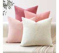 Sungeek Lot de 4 Housse de Coussin 40x40 cm en Velours Côtelé, Housse Coussins Bohème Patchwork à Rayures Pinwheel Doux Taies d'oreiller Décoratives pour Lit Canapé Chambre Salon, Blanc Crème Rose