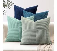 Sungeek Lot de 4 Housse de Coussin 40x40 cm en Velours Côtelé, Housse Coussins Bohème Patchwork à Rayures Croisées Doux Taies d'oreiller Décoratives pour Lit Canapé Chambre Salon, Bleu