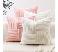 Sungeek Lot de 4 Housse de Coussin en Velours Côtelé, Housse Coussins Bohème Patchwork à Rayures Croisées Doux Taies d'oreiller Décoratives pour Lit Canapé Chambre Salon 40x40 cm, Rose Crème Blanc