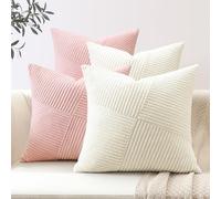 Sungeek Lot de 4 Housse de Coussin en Velours Côtelé, Housse Coussins Patchwork à Rayures Pinwheel Doux Taies d'oreiller Décoratives pour Lit Canapé Chambre Salon 40x40 cm, Rose Blanc Crème